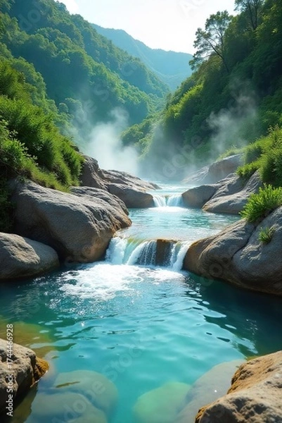 Fototapeta Tranquil Geothermal Hot Spring in Lush Green Landscape Crystal Clear Water Flows Over Smooth Rocks, Creating an Idyllic and Serene Escape Perfect for Travel, Nature, and Spa Concepts.