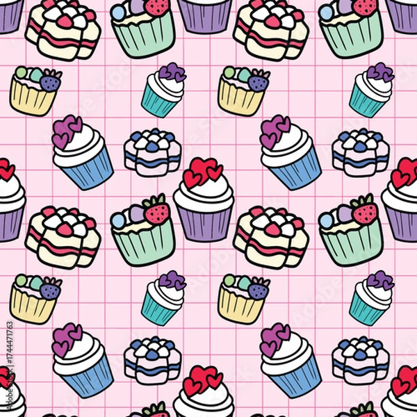 Fototapeta .Hand drawn nostalgic dessert vector illustration. Funny birthday background, poster, social media banner. seamless pattern with cakes
