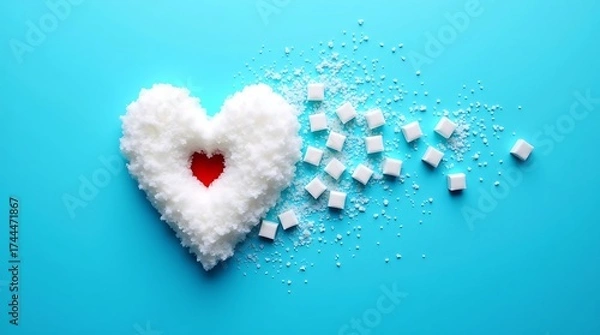 Fototapeta Heart shaped sugar pile with cubes and red center on blue background