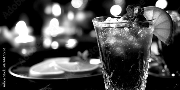 Fototapeta Refreshing iced tea served with lemon and mint at an evening gathering with soft lighting