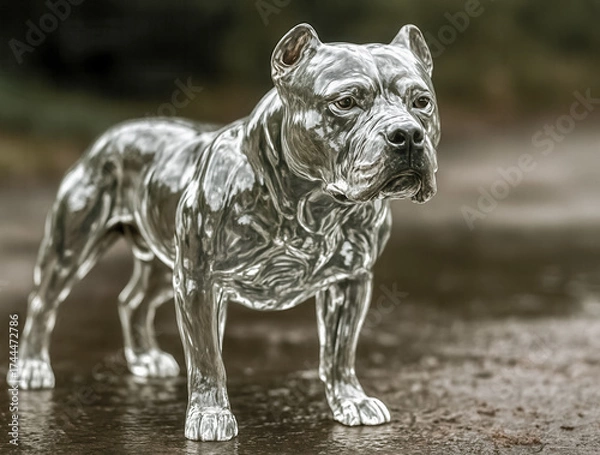 Fototapeta Silver pitbull statue standing on wet ground