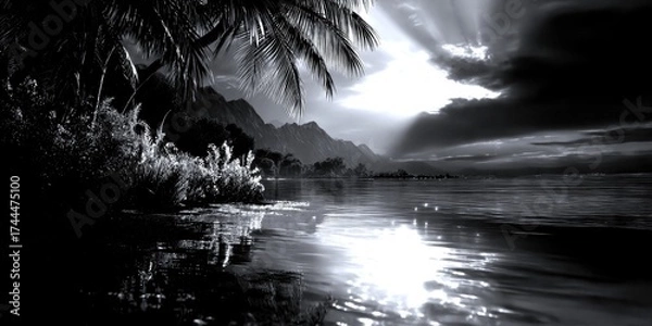 Fototapeta Serene night at the tropical beach with glowing water and moonlit sky