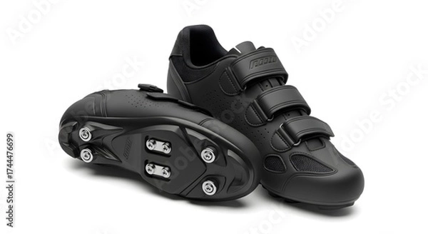 Obraz Black Cycling Shoes with Cleats on White Background, Athletic Footwear for Road and Mountain Biking, Studio Shot