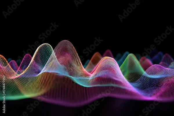 Obraz Neon Light Waves Equalizer — Abstract 3D Synthwave Audio Visualization on Dark Background