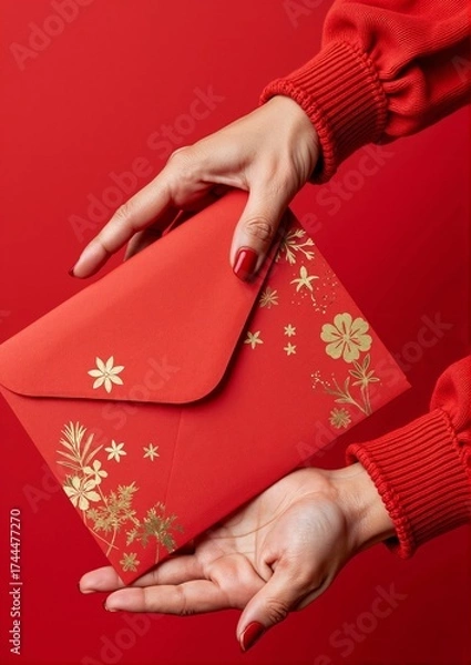 Fototapeta Hands holding a red envelope with floral design on red background  