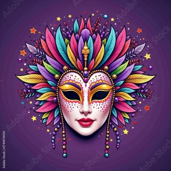 Fototapeta Colorful decorative mask with feathers and sparkles on purple background  