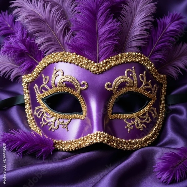 Fototapeta Elegant purple mask adorned with feathers and beads on satin fabric  