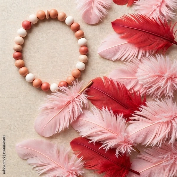 Fototapeta Handmade bracelet made of multicolored beads surrounded by pink feathers on a fabric background