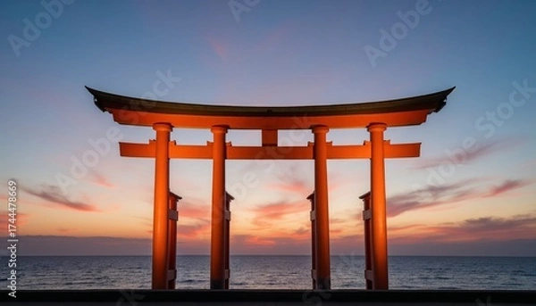 Fototapeta Japanese torii gate at sunset by the ocean under colorful sky  