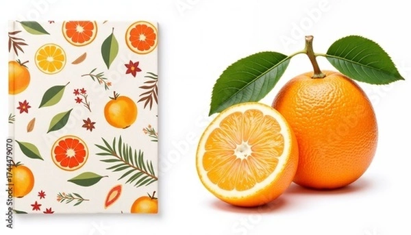 Fototapeta Orange fruits with leafy background and decorative notebook design 