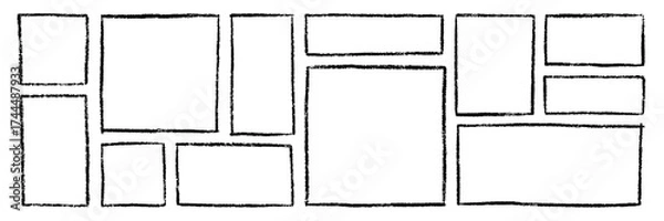 Obraz Chalk text boxes and crayon frames doodle set. Rectangle and square shapes, grunge borders in sketch style. Hand drawn vector illustration isolated on white background