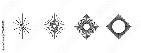 Fototapeta Straight radial lines in rhombus shapes. Set of dimond shaped sunburst icons. Solar signs. Radiance, spin, explosion or firework symbols isolated on white background. Vector graphic illustration.
