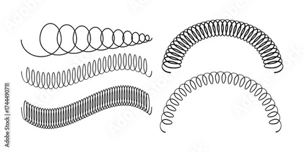 Fototapeta Set of coil springs in funnel, wavy line and arch shapes isolated on white background. Different metal wire spirals. Slinky toys silhouettes. Part of car suspension. Vector graphic illustration. 