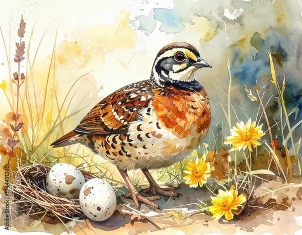 Fototapeta Wild Quail in the Grass with Eggs