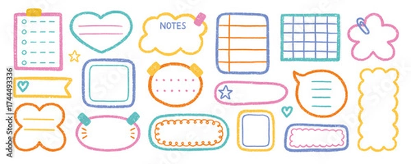 Obraz Crayon memo text boxes and doodle frames set. Pencil stickers for planners, note frames in sketch style. Grunge textured hand drawn illustrations isolated on white background.