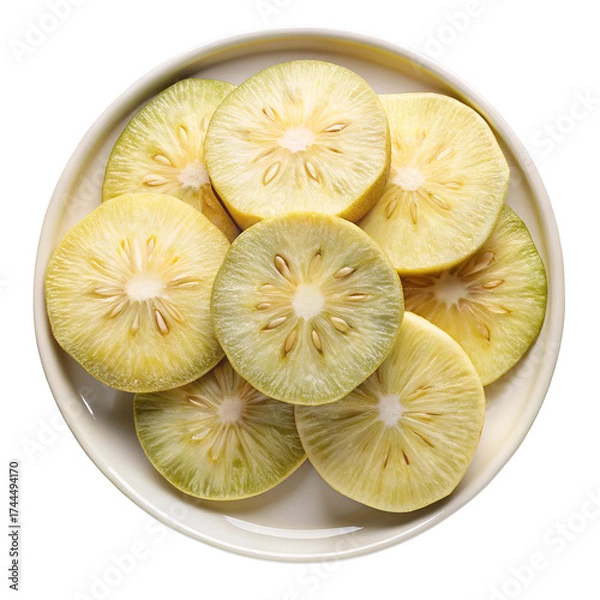 Obraz A white plate filled with sliced yellowish green fruit showing its inner seed structure isolated on transparent background
