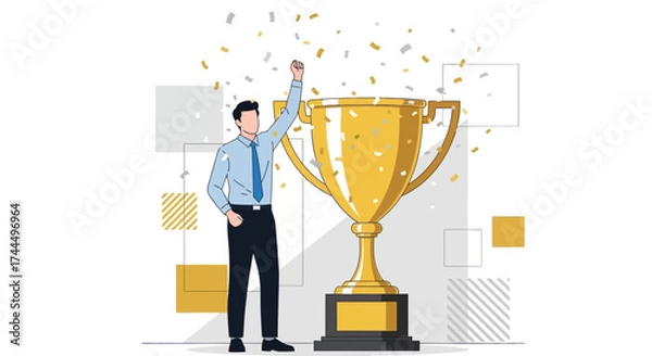 Fototapeta Businessman Celebrating Success with a Trophy and Confetti, Achieving Goals, Reward Winning