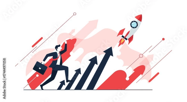 Fototapeta Businessman Chasing Rocket, Showing Business Success, Growth And Development With A Plan