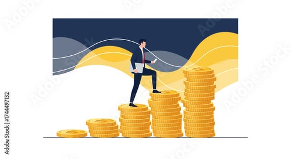 Fototapeta Businessman Climbing a Stack of Coins Representing Financial Growth and Success