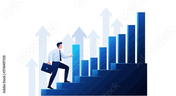 Fototapeta Businessman Climbing a Staircase to Financial Success with Increasing Bar Graphs