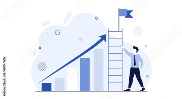 Fototapeta Businessman climbing ladder to achieve goals represented by a flag and a growing chart