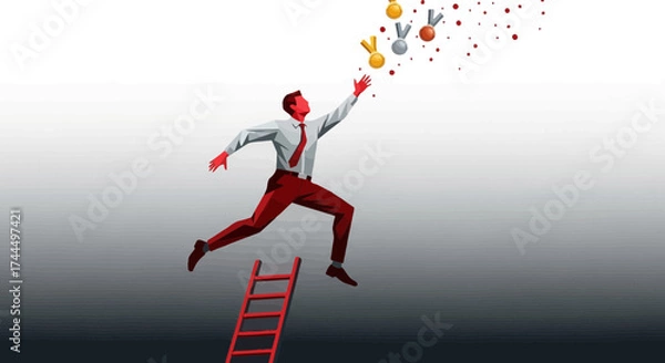 Fototapeta Businessman climbing ladder to get medals, representing success and reaching goals achievement