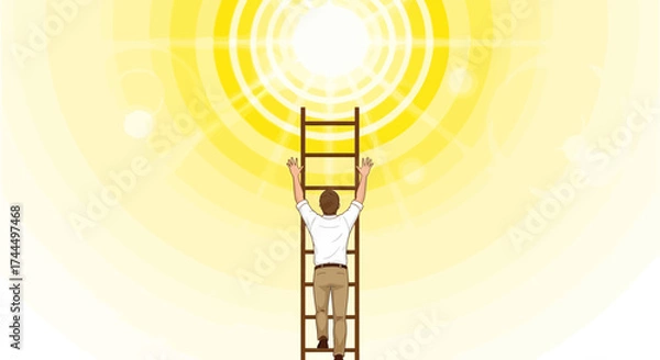 Fototapeta Businessman Climbing Ladder Towards Bright Light, Ambition and Success Concept Illustration