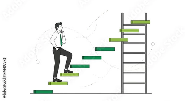 Fototapeta Businessman climbing stairs and analyzing a ladder to reach goals and success in business