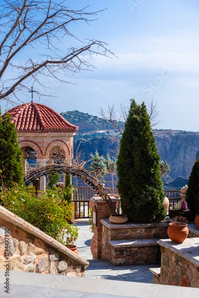 Obraz View of Meteora Monastery, Greece. Geological formations of big rocks with Monasteries  on top of them.
