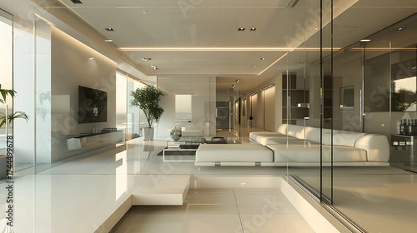 Fototapeta modern apartment with mirror illusion design, reflective walls, infinity effect, futuristic clean style, cinematic 16:9