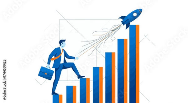 Fototapeta Businessperson Ascending Corporate Ladder Reaching Success With Rocket Launch, Vision