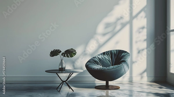 Fototapeta elegant designer chair and coffee table in minimal studio background, clean product photography style, cinematic 16:9