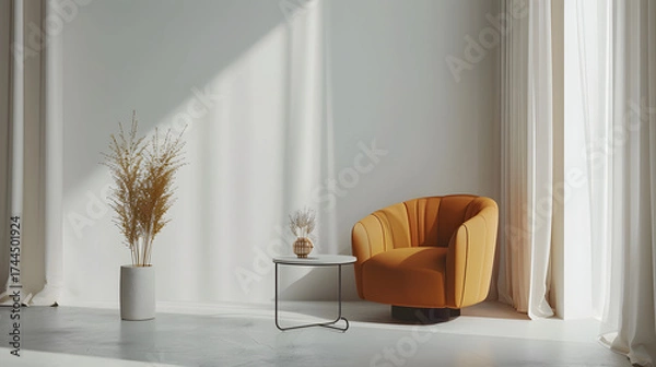 Fototapeta elegant designer chair and coffee table in minimal studio background, clean product photography style, cinematic 16:9