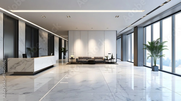 Fototapeta modern corporate office lobby with marble floors, designer sofas, stylish reception desk, large windows, clean architectural lines, cinematic 16:9