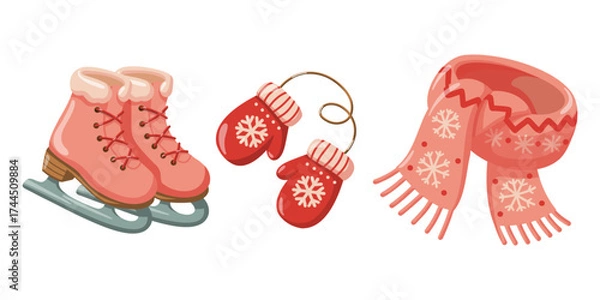 Fototapeta Set of winter accessories with skates, mittens and scarf. Hand drawn cartoon vector illustration on white background