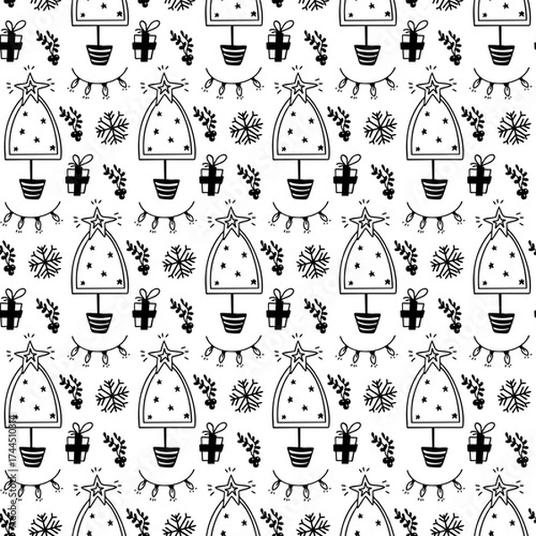 Fototapeta Seamless Christmas pattern with trees, gifts and snowflakes. Hand drawn doodle outline vector background. 