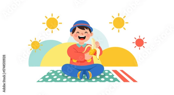 Obraz Cheerful Child Enjoying Banana Outdoors With Sunny Day Delights in Nature's Embrace