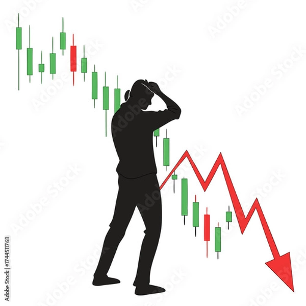 Fototapeta Vector art of silhouette of a distressed person with a downward trending stock market graph