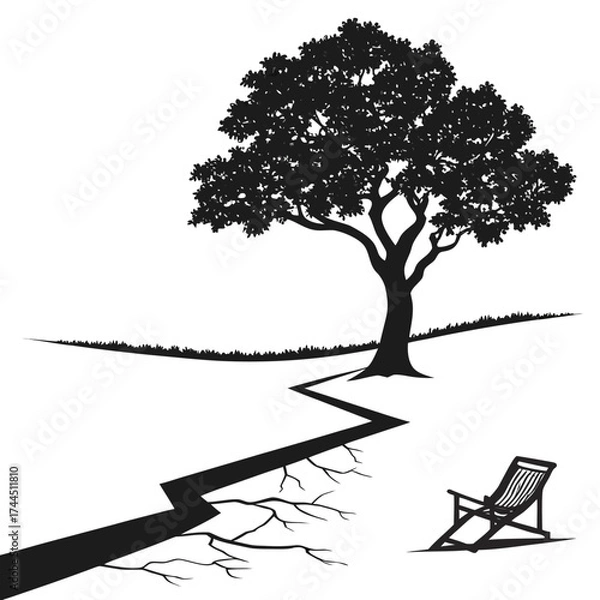 Fototapeta Vector art of a solitary deck chair sits beside a cracked path leading to a lone tree on a