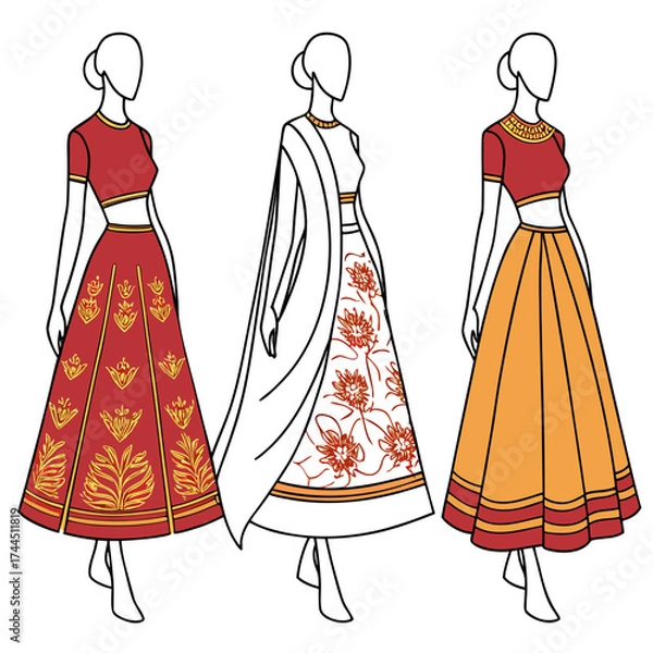 Fototapeta Vector art of three female mannequins displaying traditional indian lehenga choli outfits