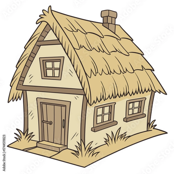 Fototapeta Vector art of charming cartoon illustration of a rustic thatchedroof cottage with a wooden door and windows, set against a neutral background