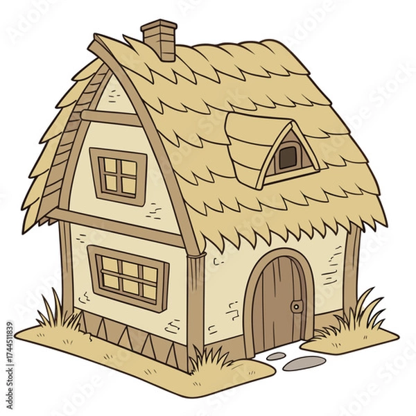 Fototapeta Vector art of charming cartoon illustration of a quaint thatchedroof cottage with a wooden door and windows, set against a