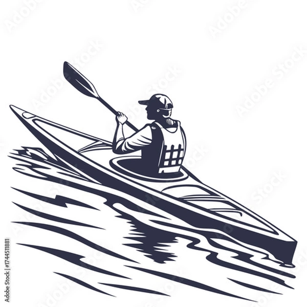 Fototapeta Vector art of silhouette of a person kayaking in water