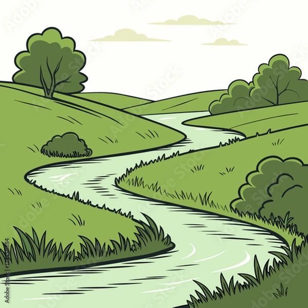Fototapeta Vector art of a winding river flows through lush green hills under a cloudy sky, evoking a sense of natural beauty and tranquility