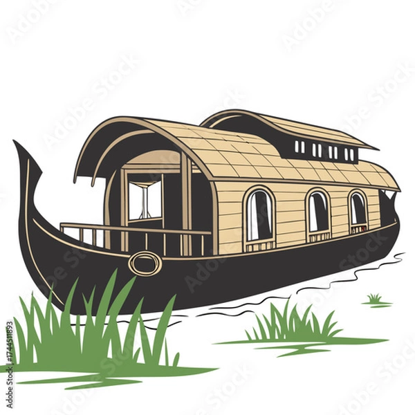 Fototapeta Vector art of traditional kerala houseboat floating on water with grass in foreground