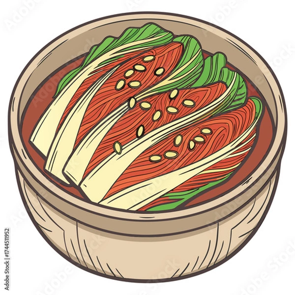 Fototapeta Vector art of a bowl of kimchi, a traditional korean fermented vegetable dish, is presented in a rustic ceramic bowl, garnished with sesame seeds