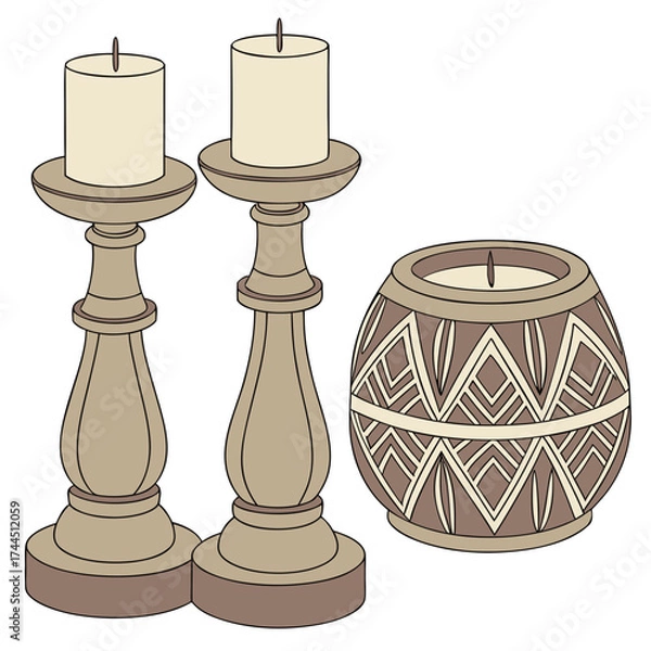 Fototapeta Vector art of two tall wooden candle holders and a round decorative candle