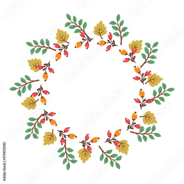 Fototapeta Fall leaves round frame isolated on white background. Circular border design with seasonal foliage. Vector flat illustration for invitations, labels, packaging, cards