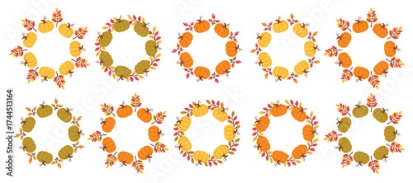 Fototapeta Set of Pumpkin wreath isolated.  Autumn foliage frame. Fall design. Thanksgiving borders collection. Round frames with seasonal leaves. Vector illustration for invitations, labels, packaging, cards