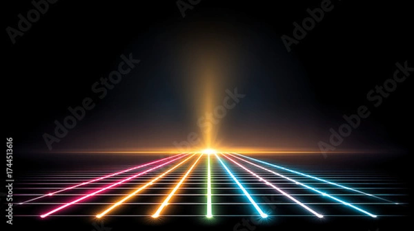 Fototapeta n abstract image shows colorful, converging light beams against a black background